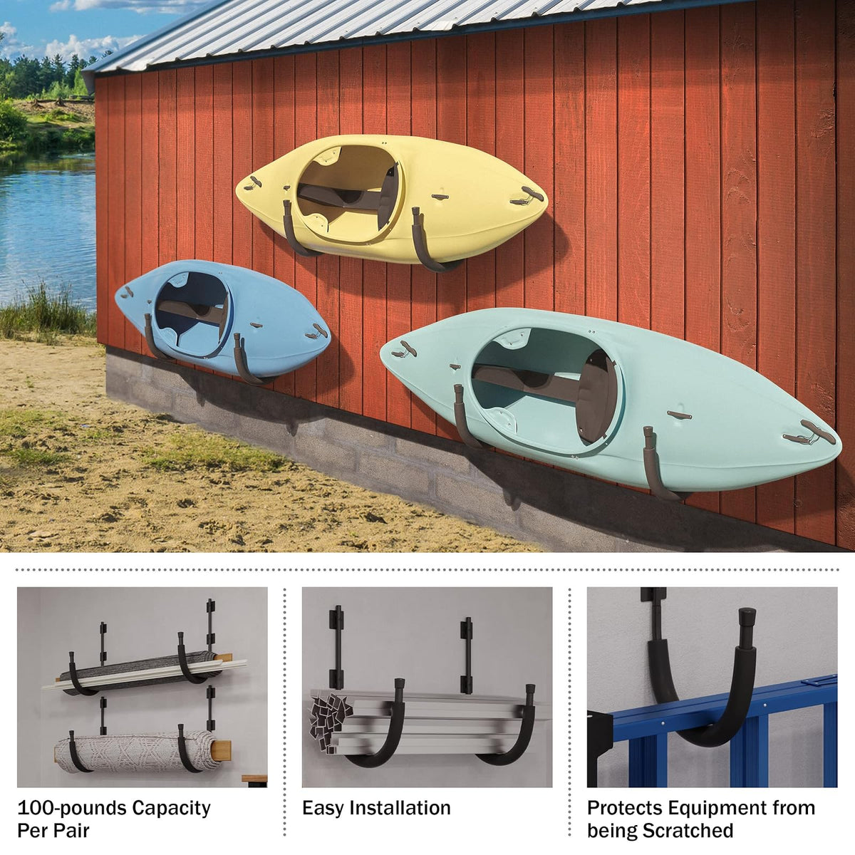 RAD Sportz Kayak Wall Hangers 100 LB Capacity Kayak Storage For Garage or Shed, Black