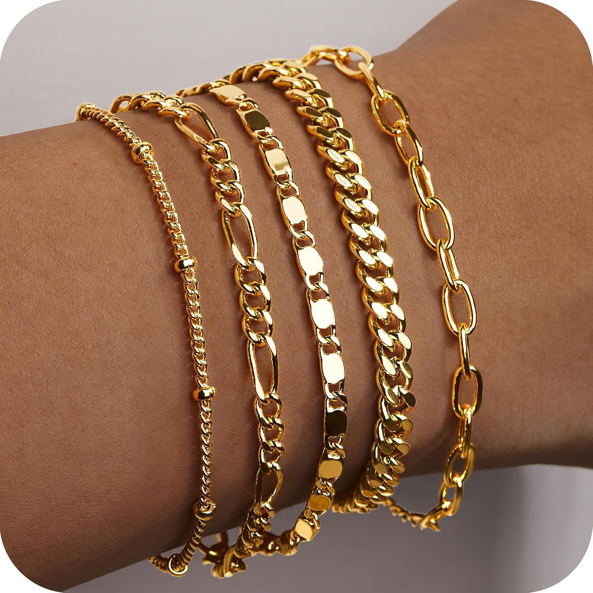 Juego de pulseras de oro Gokeey para mujer, sin decoloración, modernas, chapadas en oro de 14 quilates, delicadas, apilables, pulseras de eslabones cubanos, cadenas de eslabones de papel, pulseras de