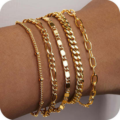 Juego de pulseras de oro Gokeey para mujer, sin decoloración, modernas, chapadas en oro de 14 quilates, delicadas, apilables, pulseras de eslabones cubanos, cadenas de eslabones de papel, pulseras de