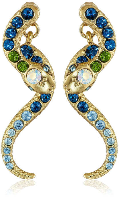 Betsey Johnson Pendientes Lineales de Serpiente | Una talla, cristal pavé delantero y trasero, metal dorado, longitud 1.6 pulgadas