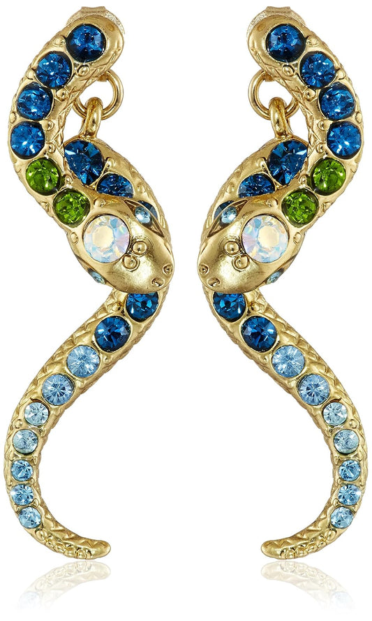 Betsey Johnson Pendientes Lineales de Serpiente | Una talla, cristal pavé delantero y trasero, metal dorado, longitud 1.6 pulgadas