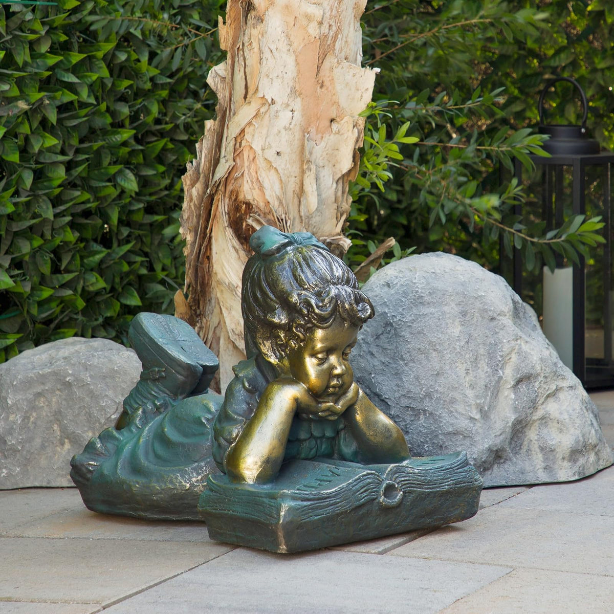 Alpine Corporation 16" Tall Indoor/Outdoor Girl Laying Down Reading Book Statue Set Yard Art Decoration