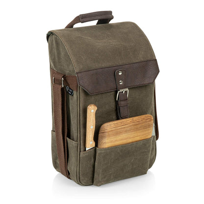 Picnic Time - Bolsa de Vino aislada de 2 Botellas con Tabla de Queso y Juego de Cuchillos, Bolsa de Picnic para Vino, Lona Encerada Envejecida, (Verde Caqui con Detalles café)