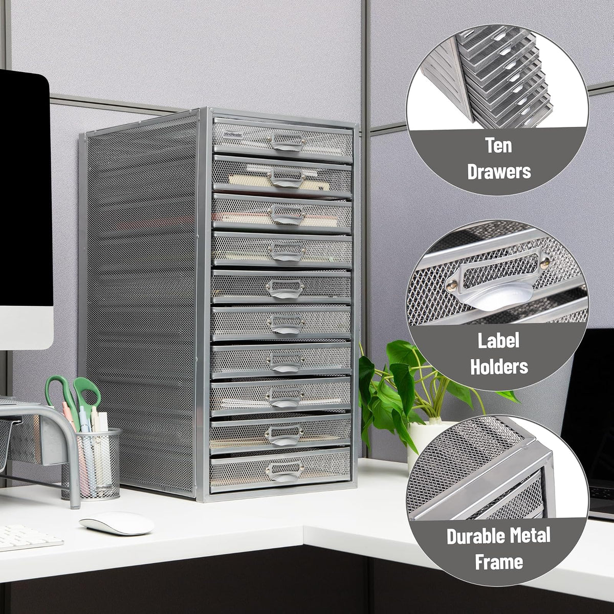Mind Reader File Storage Drawers, Desk Organizer, Multi-Purpose, Crafts, Office, Metal Mesh, 10.75" L x 14" W x 21.25" H, Silver