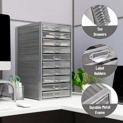 Mind Reader File Storage Drawers, Desk Organizer, Multi-Purpose, Crafts, Office, Metal Mesh, 10.75" L x 14" W x 21.25" H, Silver