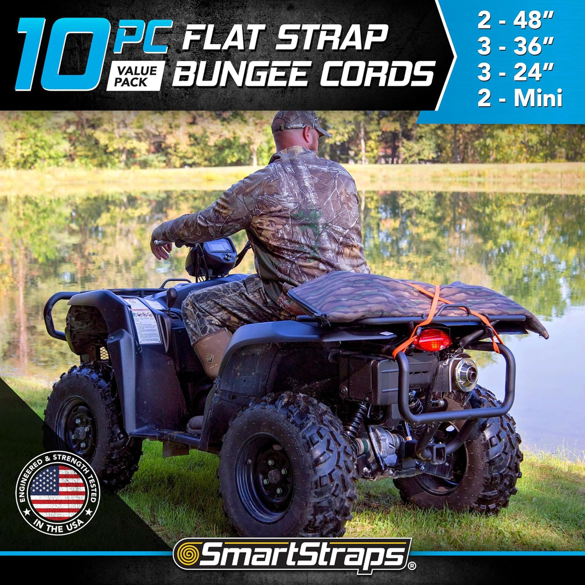 SMARTSTRAPS - 215 cuerdas elásticas SmartStraps (paquete de 10 unidades) – Equipaje seguro, enfriadores y otras cargas de luz para el transporte – Cables elásticos de correa plana que distribuyen la carga para reducir el deslizamiento