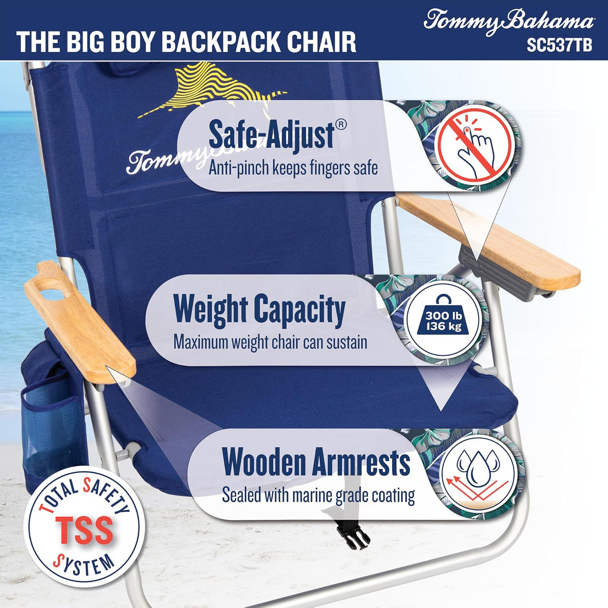 Tommy Bahama Big Boy - Mochila Plegable de 4 Posiciones para Asiento Alto de 13 Pulgadas, Silla de Playa o Camping, Aluminio, Azul Marino