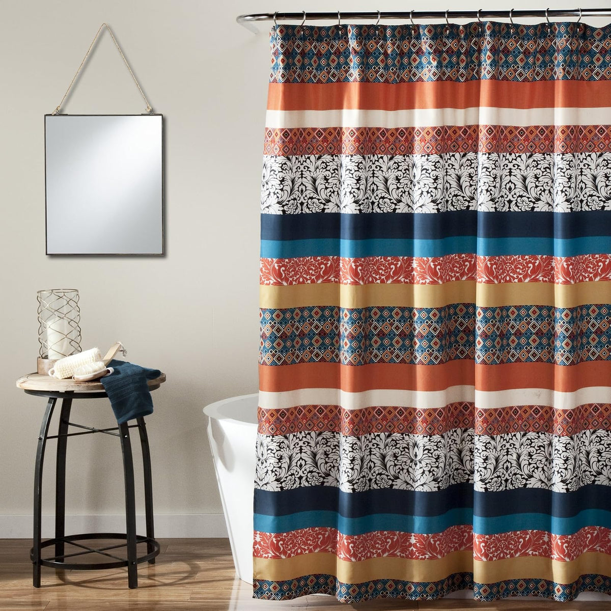 Lush Decoración Boho Cortina de Ducha, diseño de Rayas, 182,9 x 182,9 cm Turquesa/Naranja