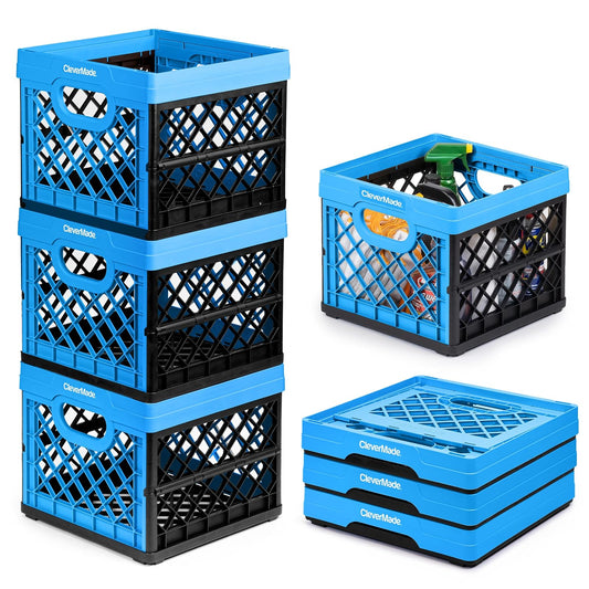 CleverMade Collapsible Milk Crates, 25L Plastic Stackable Storage Bins CleverCrates Utility Folding Baskets, Pack of 3, Blue
