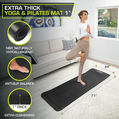 ProsourceFit - Colchoneta extra gruesa para yoga y pilates de 13 mm (½ pulgada) o 25 mm (1 pulgada) y 180 cm de largo, de alta densidad, con cómoda espuma y correa de transporte, negra