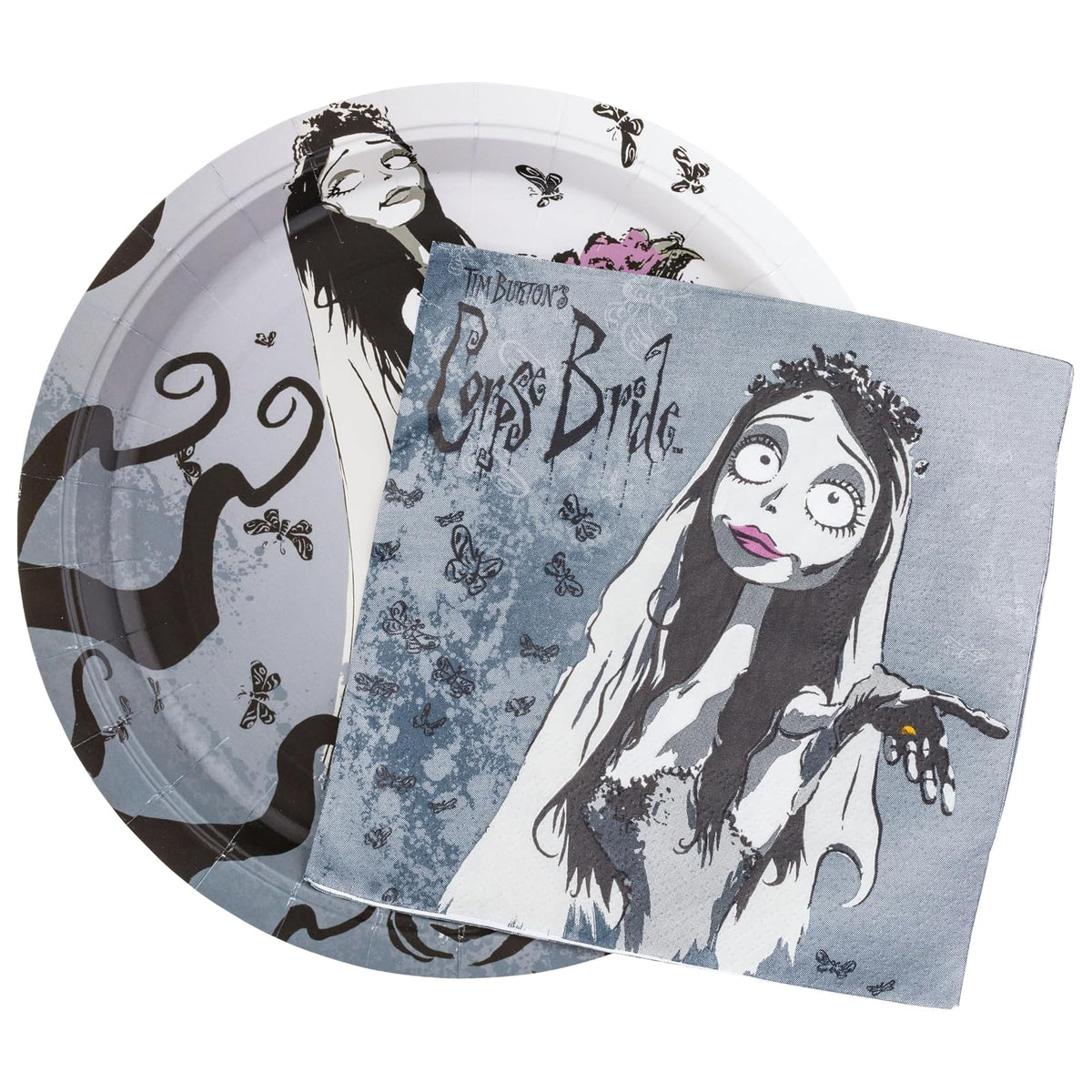 Silver Buffalo Tim Burton's Corpse Bride Paquete de 32 platos y servilletas desechables para fiestas