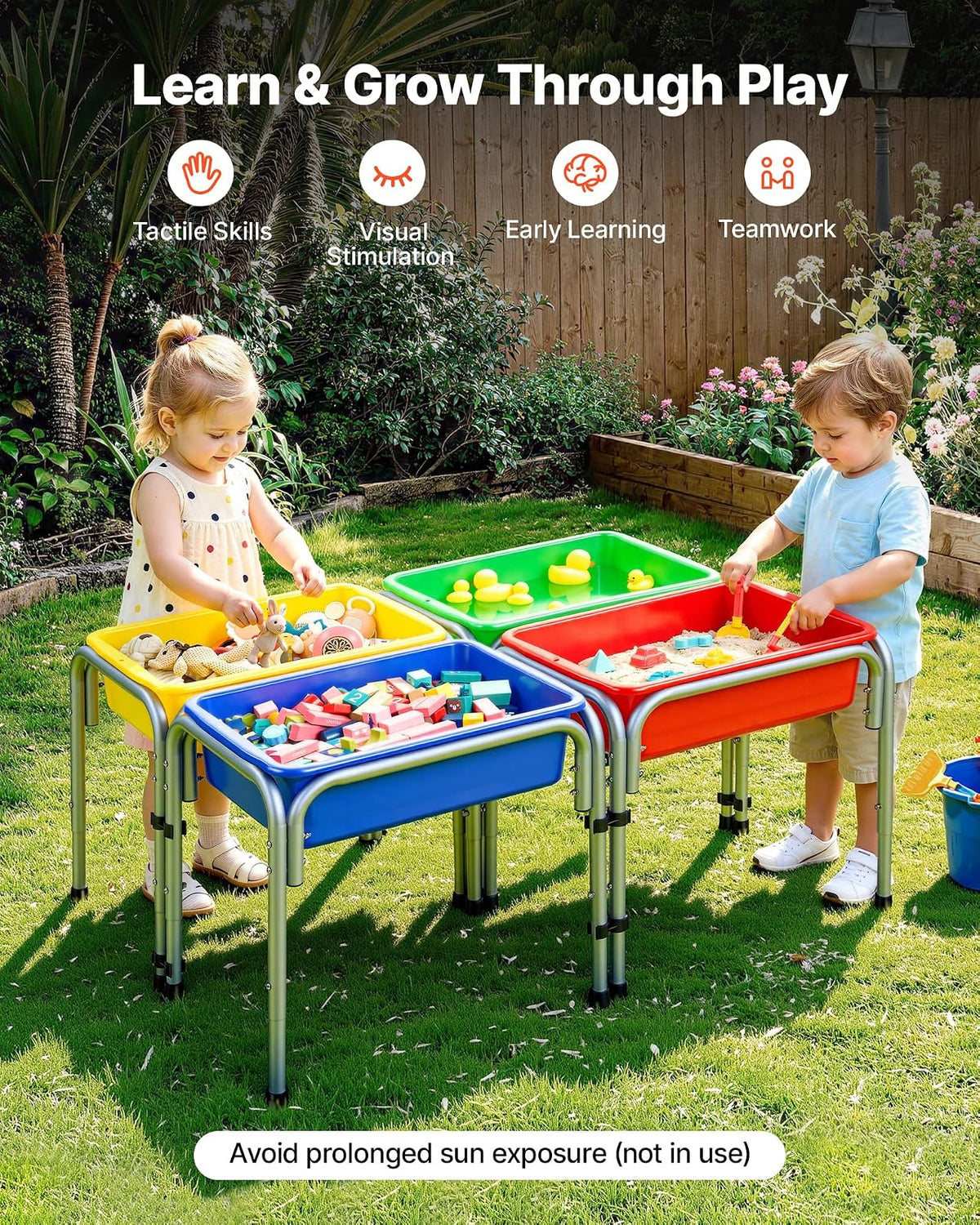 VEVOR Mesa Sensorial Infantil, Juegos de Agua y Arena para Niños de 3-6 Años, Altura Ajustable, Patas Antideslizantes, 4 Cajas Desmontables, Marco de Acero al Carbono, Mesa para Exploración Educación