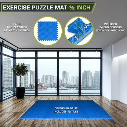 ProsourceFit Exercise Puzzle Mat , EVA Foam Interlocking Tiles Protective and Cushion Flooring for Gym Equipment, Exercise and Play Area, Blue - 1/2 Inch - 48 Sq Ft - 12 Tiles