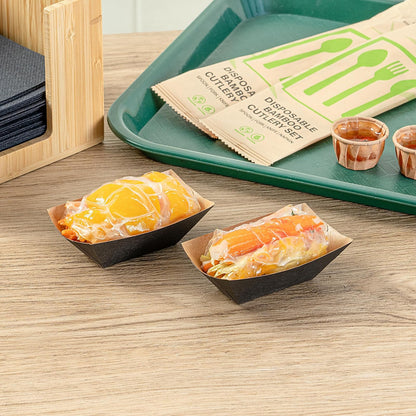 Restaurantware Disposable Paper Food Tray, Black with Kraft Brown Interior, 2"