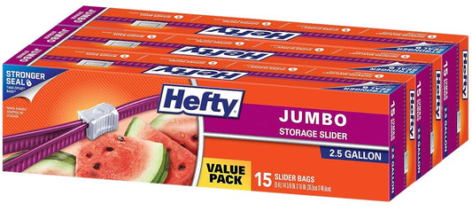 Hefty Slider Jumbo Storage Plastic Bags - 2.5 Gallon Size, 3 Boxes of 15 Bags (45 Total)