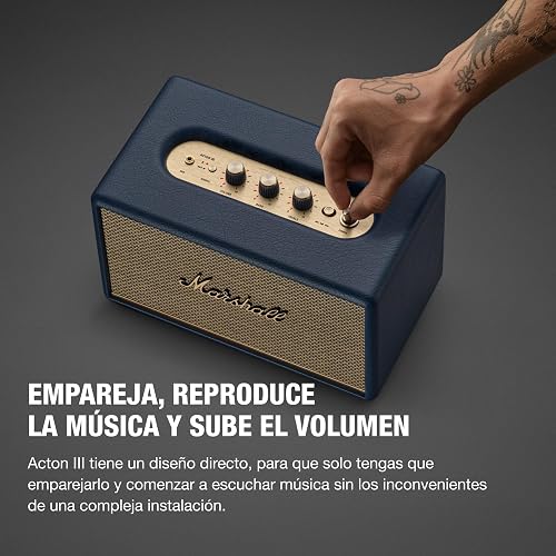 Marshall Acton III Bocina Bluetooth – Sonido Estéreo Potente con Controles de Bajos y Agudos | Funciona Conectada a la Corriente | Entrada Auxiliar de 3.5 mm | Azul Medianoche