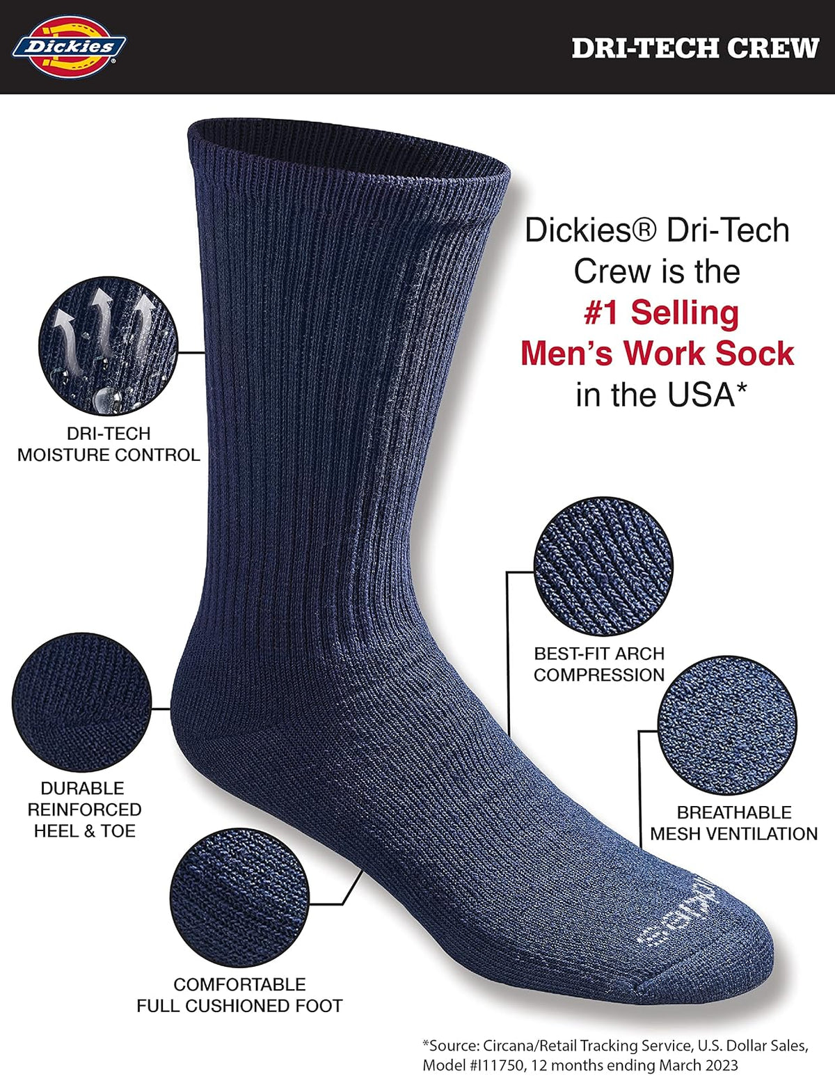 Dickies Men's All Purpose Cushion Crew Socks (6/12 Packs)