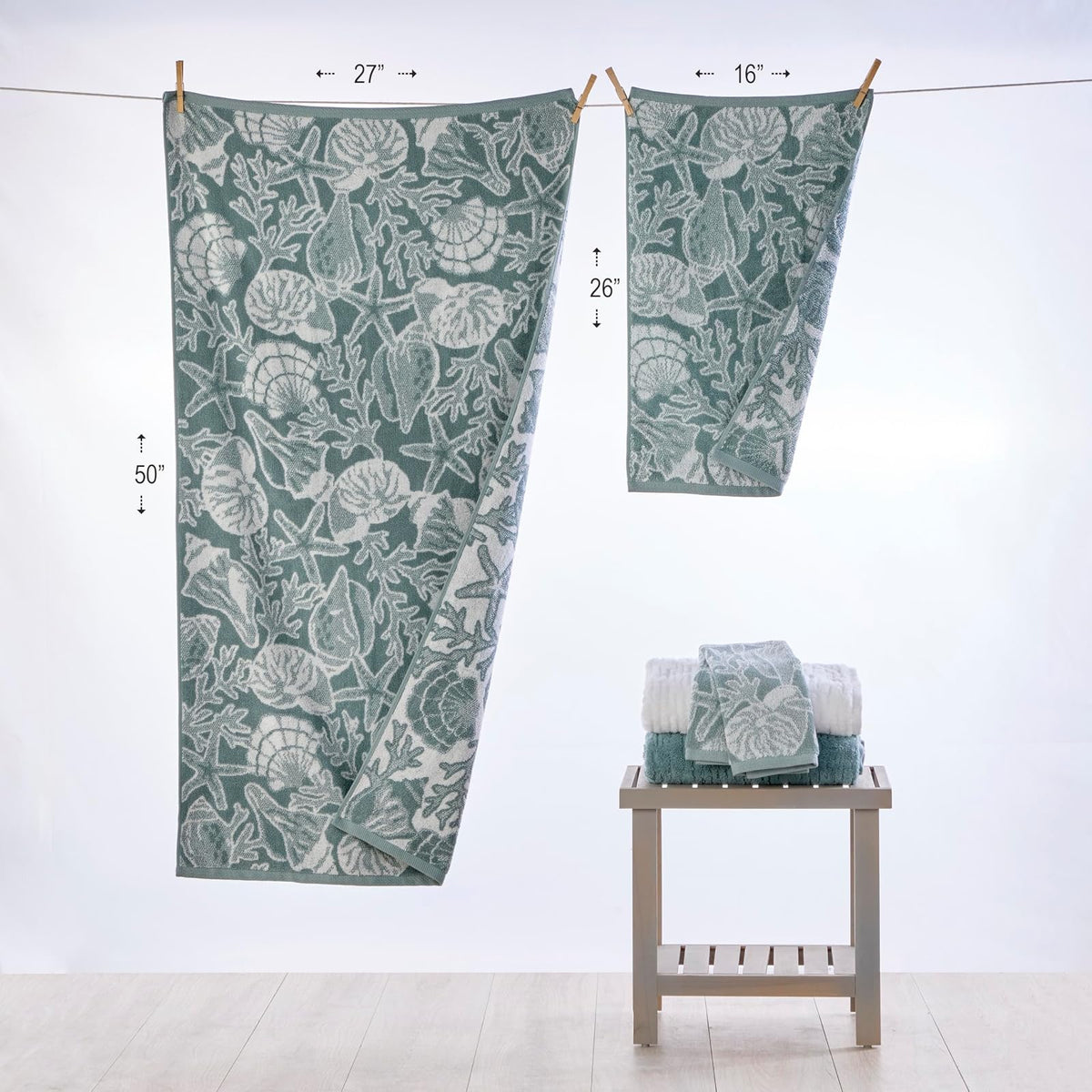 SKL Home South Seas Shell - Juego de Toallas de Mano de 2 Piezas, 100% algodón, 550 g/m², Jacquard Reversible, Suave y Absorbente, Tropical, Costera/Playa/Complejo para baño, Cocina, Bar y Regalo