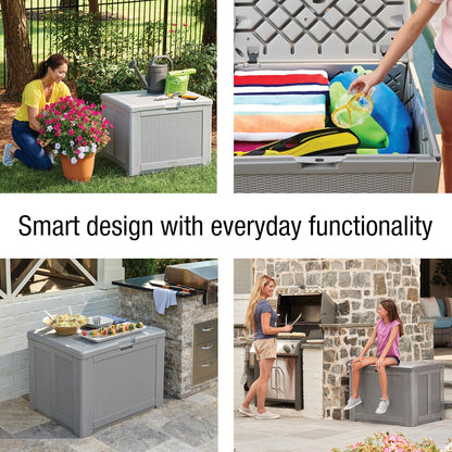 Rubbermaid - Caja de almacenamiento de resina mediana para exteriores (74 galones), resistente a la intemperie, color gris para el hogar, patio trasero, productos químicos de piscina, juguetes