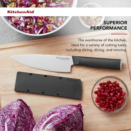KitchenAid Cuchillo de chef clásico con cubierta de hoja de ajuste personalizado, 6 pulgadas, cuchillo de cocina afilado, hoja de acero inoxidable japonés de alto carbono, color negro