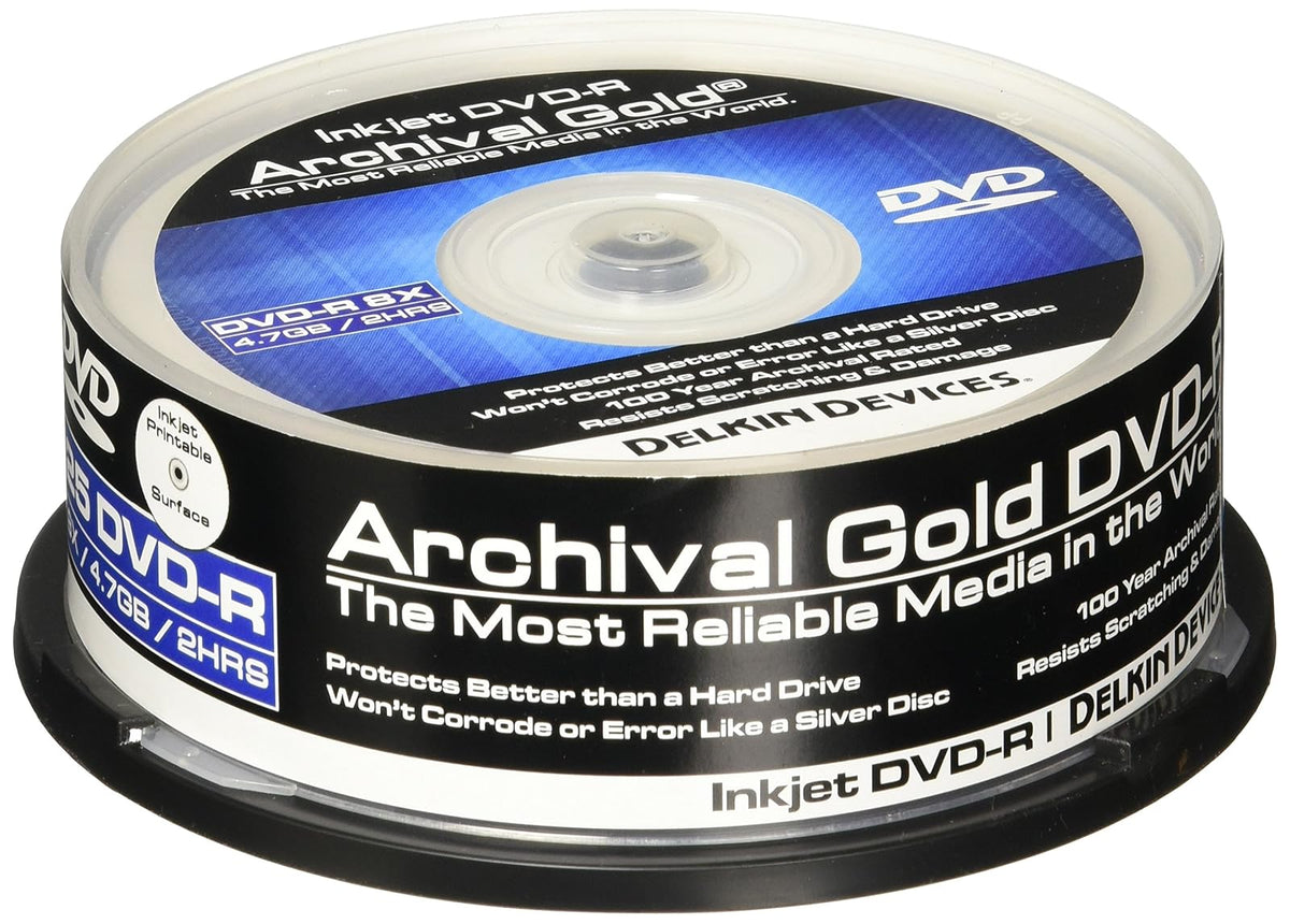 DELKIN DDVD-R-I/25 SPIN 8X 100 Year Life Span Archival Gold Inkjet DVD-R (25 Pack Spindle)