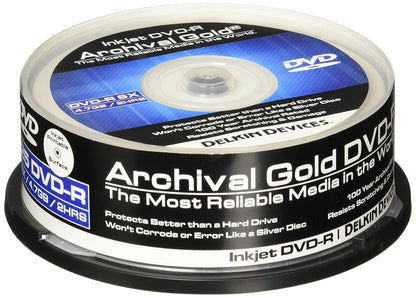 DELKIN DDVD-R-I/25 SPIN 8X 100 Year Life Span Archival Gold Inkjet DVD-R (25 Pack Spindle)
