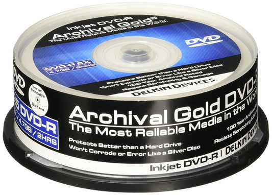 DELKIN DDVD-R-I/25 SPIN 8X 100 Year Life Span Archival Gold Inkjet DVD-R (25 Pack Spindle)