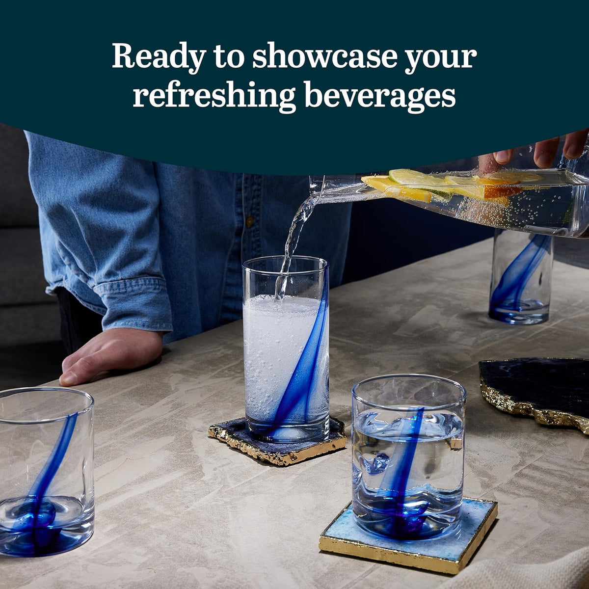 Libbey - Juego de 8 vasos y rocas de cinta azul, juego de vasos artesanales, de cuatro hoyuelos, vasos de vidrio transparentes para uso diario