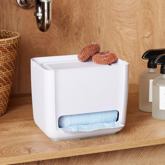 YouCopia SinkSuite - Dispensador de bolsas de basura, organizador de bolsas de basura de pie con tapa extraíble y cuna para almacenamiento, color blanco moteado