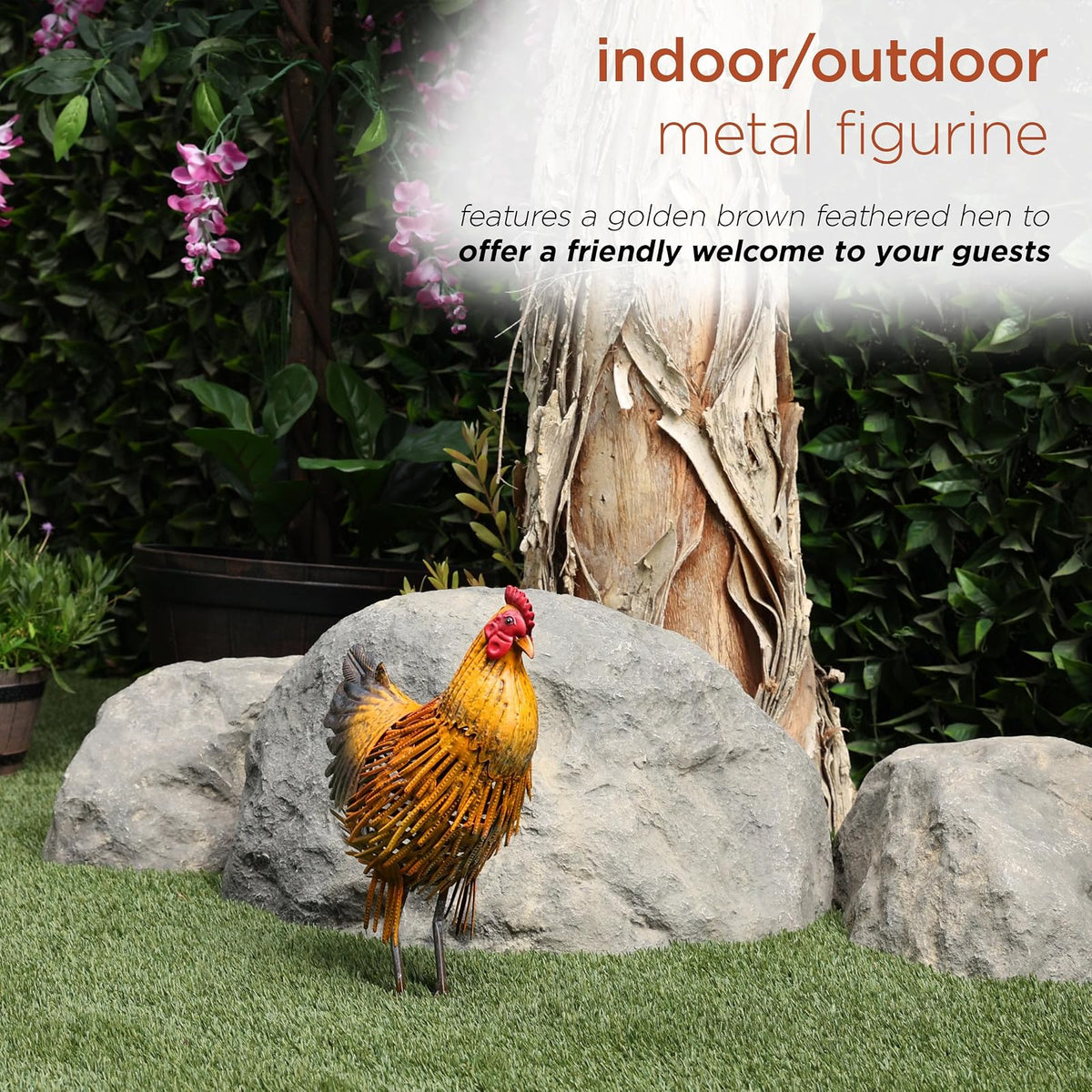 Alpine Corporation 16" H Indoor/Outdoor Metal Hen Decorative Garden Statue, Golden Brown