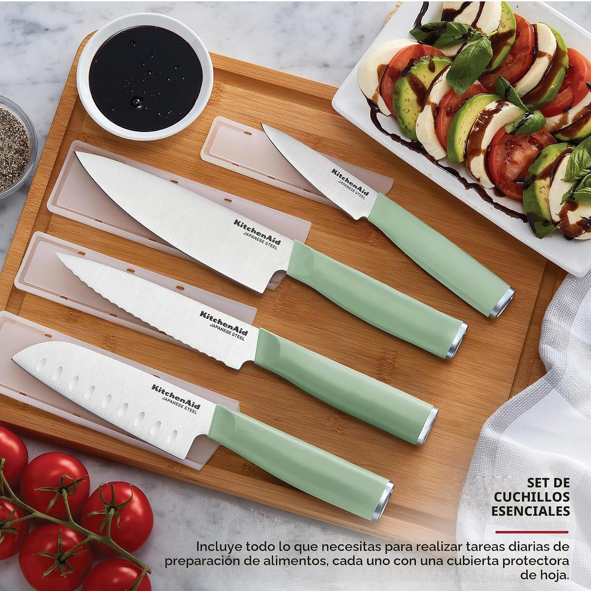 KitchenAid - Juego de chef con cubiertas de ajuste personalizado, cuchillo de cocina afilado, hoja de acero inoxidable japonés de alto carbono, 4 piezas, pistacho