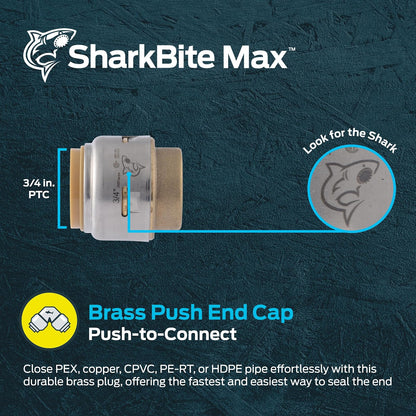 SharkBite Max - Tapa de empuje de 3/4 pulgadas, ajuste de fontanería de latón a presión para conectar, tubería PEX, cobre, CPVC, PE-RT, HDPE, UR518A