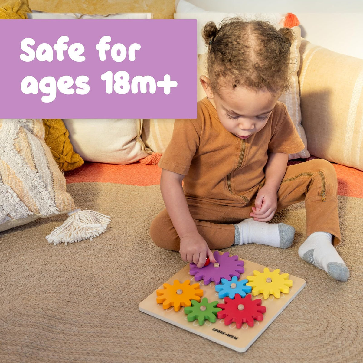 SPARK & WOW Spinny Gears - Tabla de Engranajes de Madera con 6 Piezas en 3 tamaños - Rompecabezas de Engranajes para niños - CREA Combinaciones Coloridas y giratorias