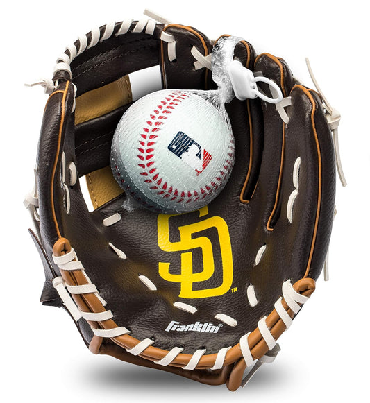 Franklin Sports MLB Set de Guante y Pelota de Teeball Infantil, 9.5 Pulg - Padres de San Diego