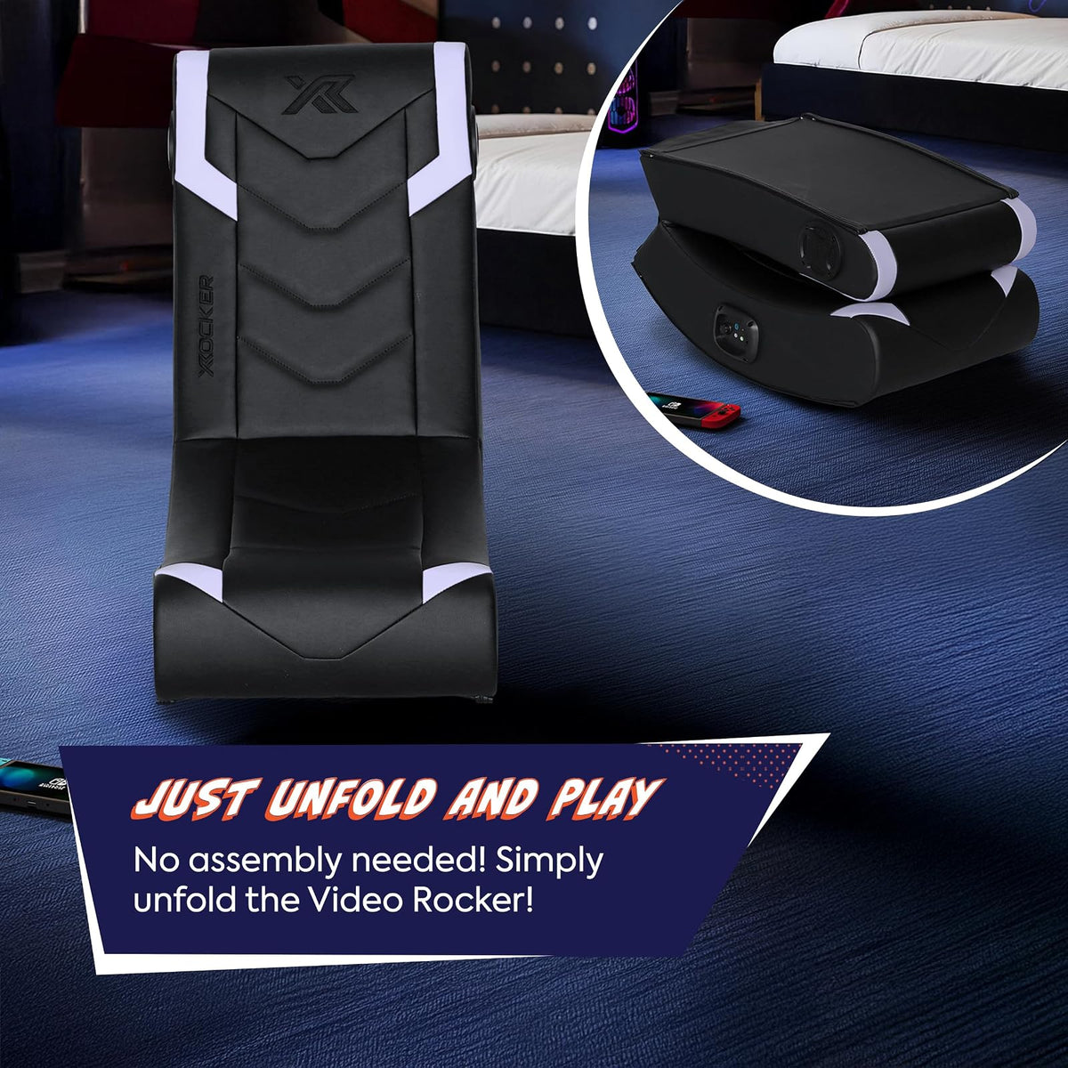 X Rocker Eclipse - Silla de Piso para Videojuegos con Altavoces incorporados, Bluetooth inalámbrico, Plegable, Piel Vegano, 300 Libras máximo, Exclusivo de , Negro y Plateado