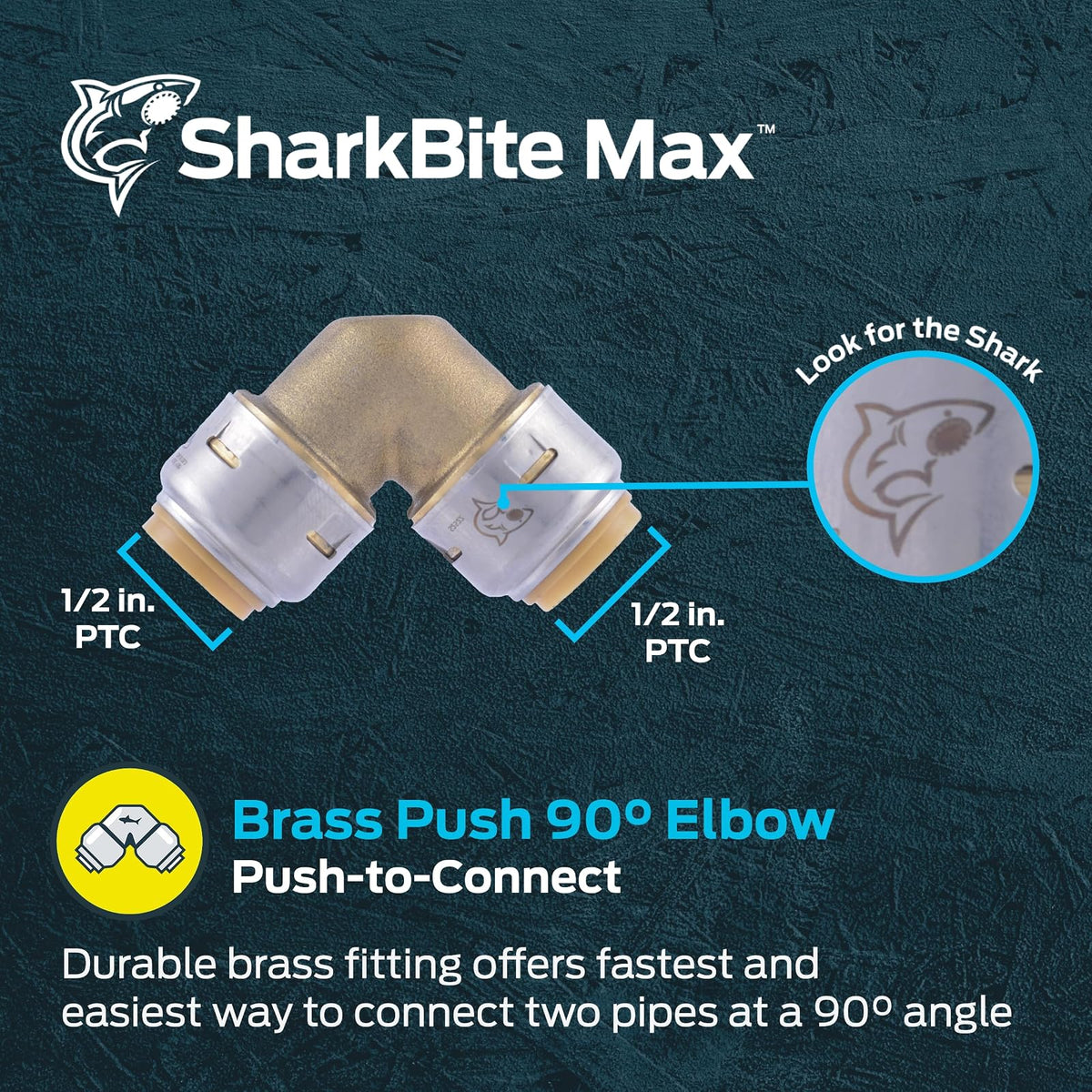 SharkBite Max Codo de 90 grados PTC de 1/2 x 1/2 pulgadas, montaje de fontanería de latón de empuje para conectar, UR248A