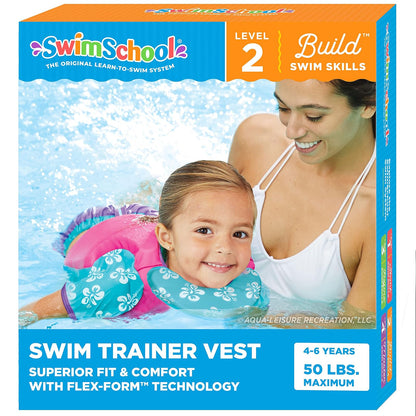 SwimSchool Swim Trainer Vest with UPF50 Shoulder Sleeves, Stretchable Fabric, Flex-Form Design, Adjustable Safety Strap, Medium/Large, Up to 50 Lbs., Pink/Aqua - M - L Pink - Aqua Swim Vest w - Chin-Up Collar - Mediano - Grande