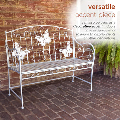Alpine Corporation 43" L Indoor/Outdoor 2-Person Metal Garden Bench with Butterfly Backrest, White