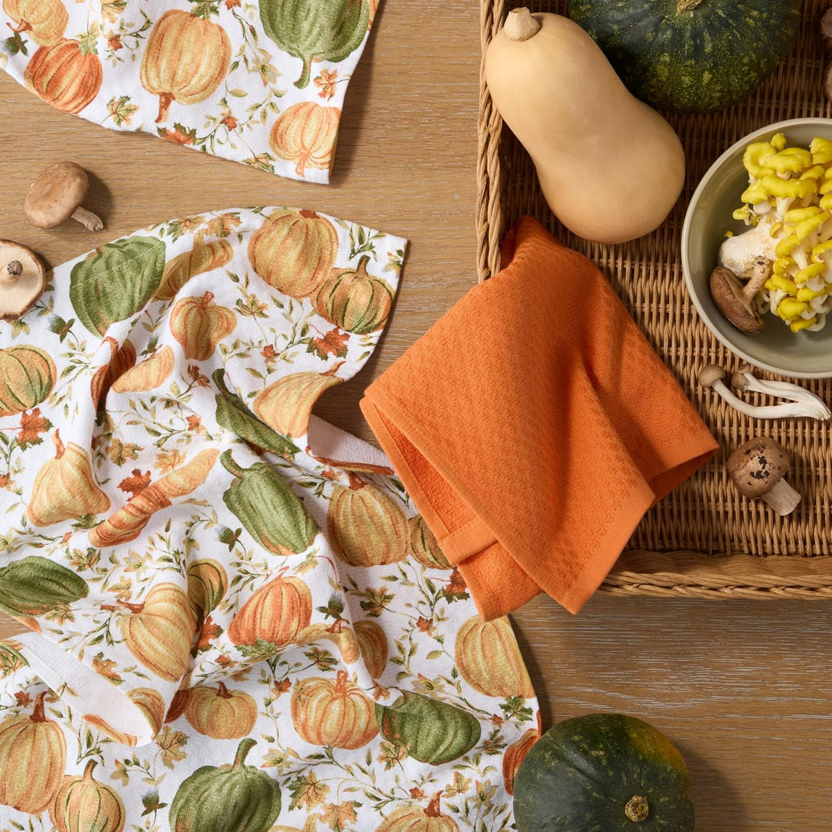 Martha STWEART - Juego de 3 Toallas de Cocina de otoño, 100% algodón con Rizo Absorbente, Toallas de Cocina Decorativas, Naranja/Verde/Marfil, 16 x 28 Pulgadas