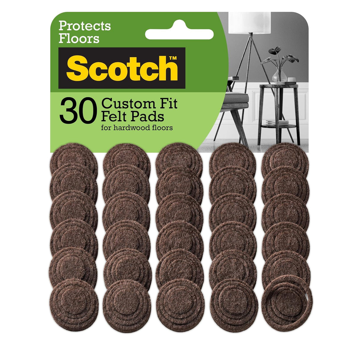 Scotch - Almohadillas para Orejas de Fieltro de Ajuste Personalizado, tamaño de la Almohadilla de 0.75 a 1.5 Pulgadas, 30 Almohadillas para Orejas Redondas Marrones, protección para Suelos de Madera
