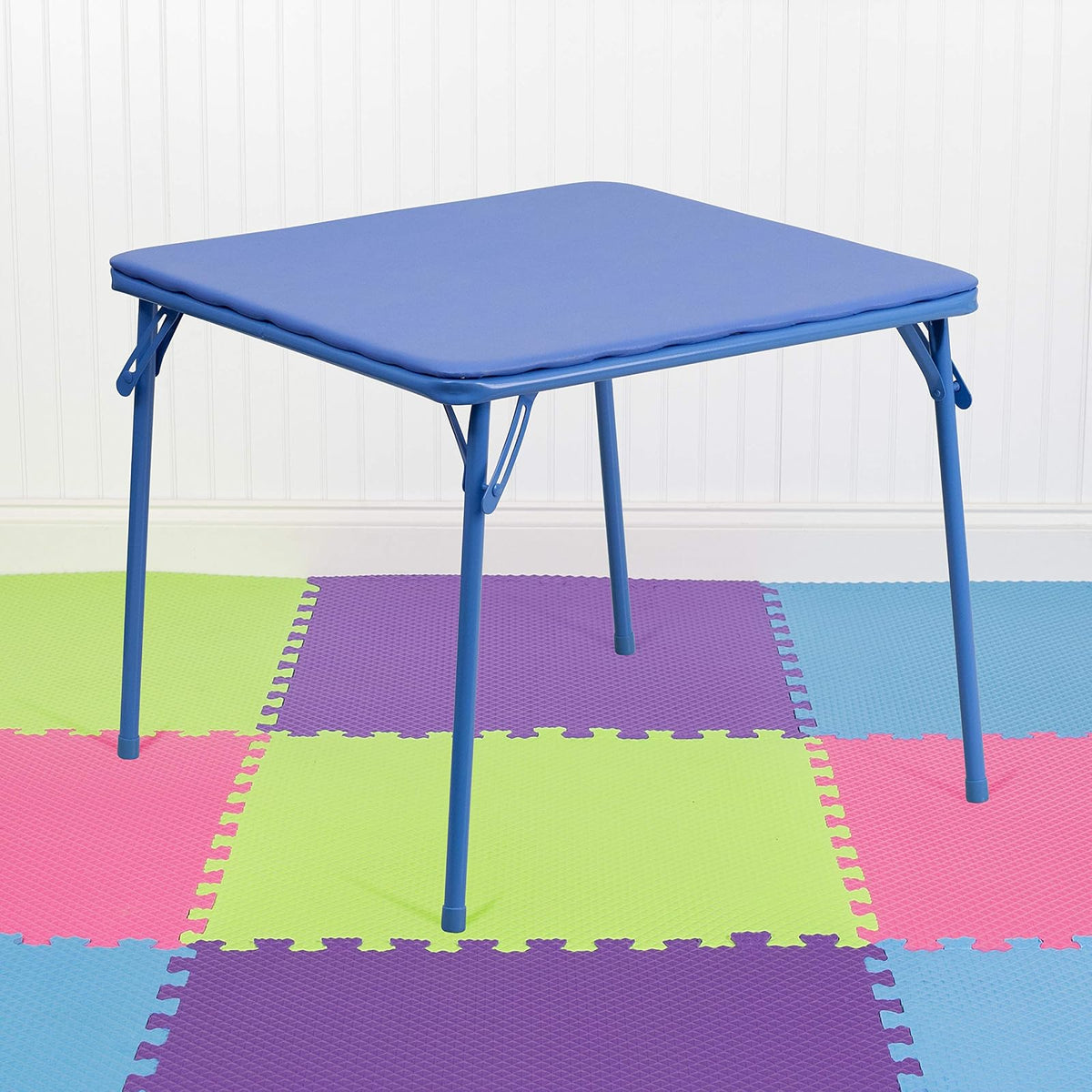 Flash Furniture Kids Blue Folding Table, 24" D x 24" W x 20.25" H | Parte superior acolchada de vinilo, patas de bloqueo con revestimiento de polvo, guardería