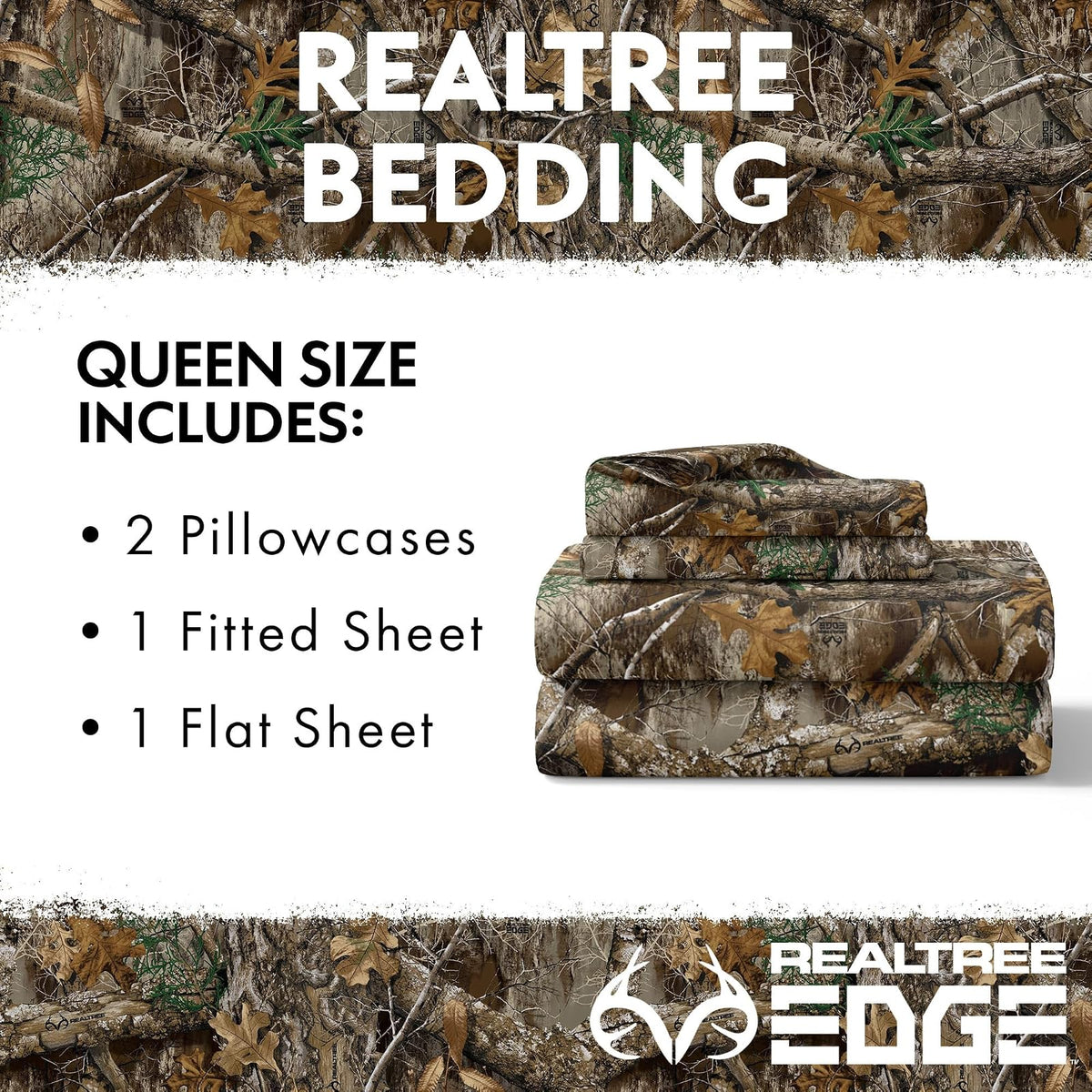 Northwest Realtree Juego de sábanas Queen de 4 Piezas, 1 sábana Bajera, 1 sábana encimera, 2 Fundas de Almohada, Ropa de Cama de Camuflaje, sábanas de Cabina, Realtree Edge