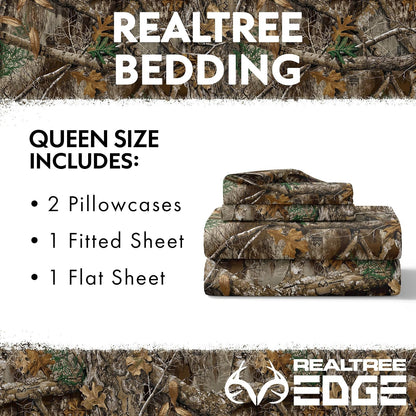 Northwest Realtree Juego de sábanas Queen de 4 Piezas, 1 sábana Bajera, 1 sábana encimera, 2 Fundas de Almohada, Ropa de Cama de Camuflaje, sábanas de Cabina, Realtree Edge