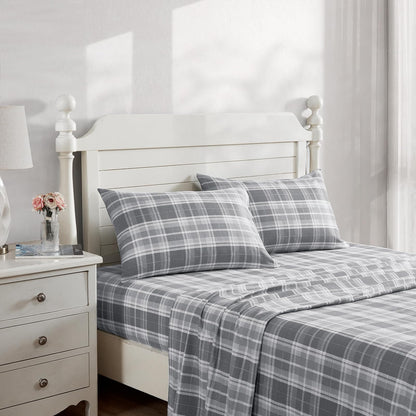 Laura Ashley Home - Juego de sábanas de Franela de algodón, cepilladas para Mayor suavidad y Comodidad (Gris a Cuadros, Queen)