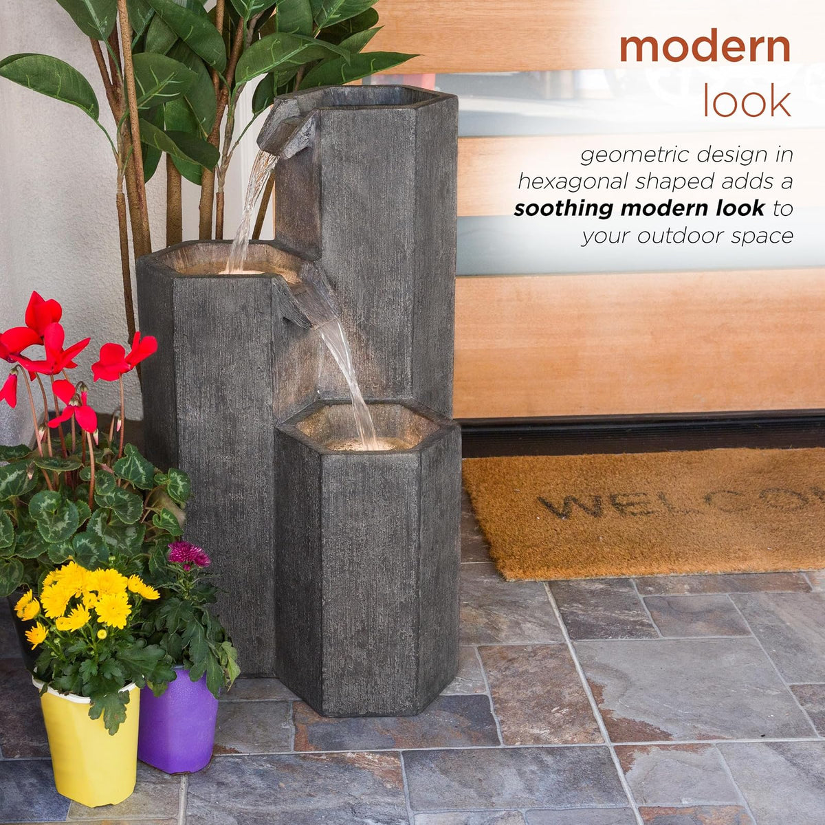Alpine Corporation GIL1480 Fuente Cascada Hexagonal de Piso para Exteriores, Fuente de Agua Moderna de Piedra Envejecida de 25", Gris