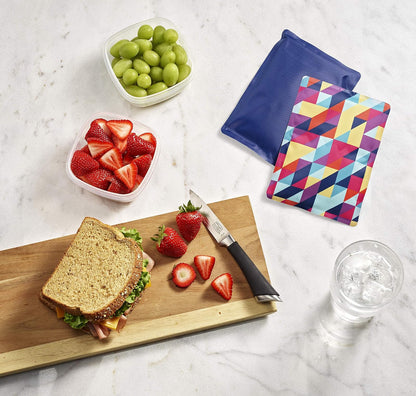 Fit & Fresh 10300K2FF - Juego de 2 cajas de hielo flexibles, bolsas de almuerzo y enfriadores, 5 x 7 x 0.25 pulgadas, multiprisma geeo y cobalto