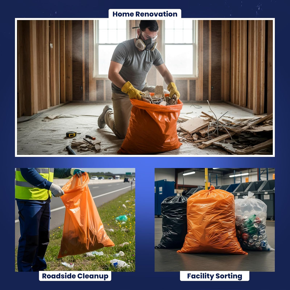 Plasticplace Contractor Trash Bags 42 Gallon - 3.0 Mil, Orange Heavy Duty Garbage Bag 33” x 48” (50 Count)