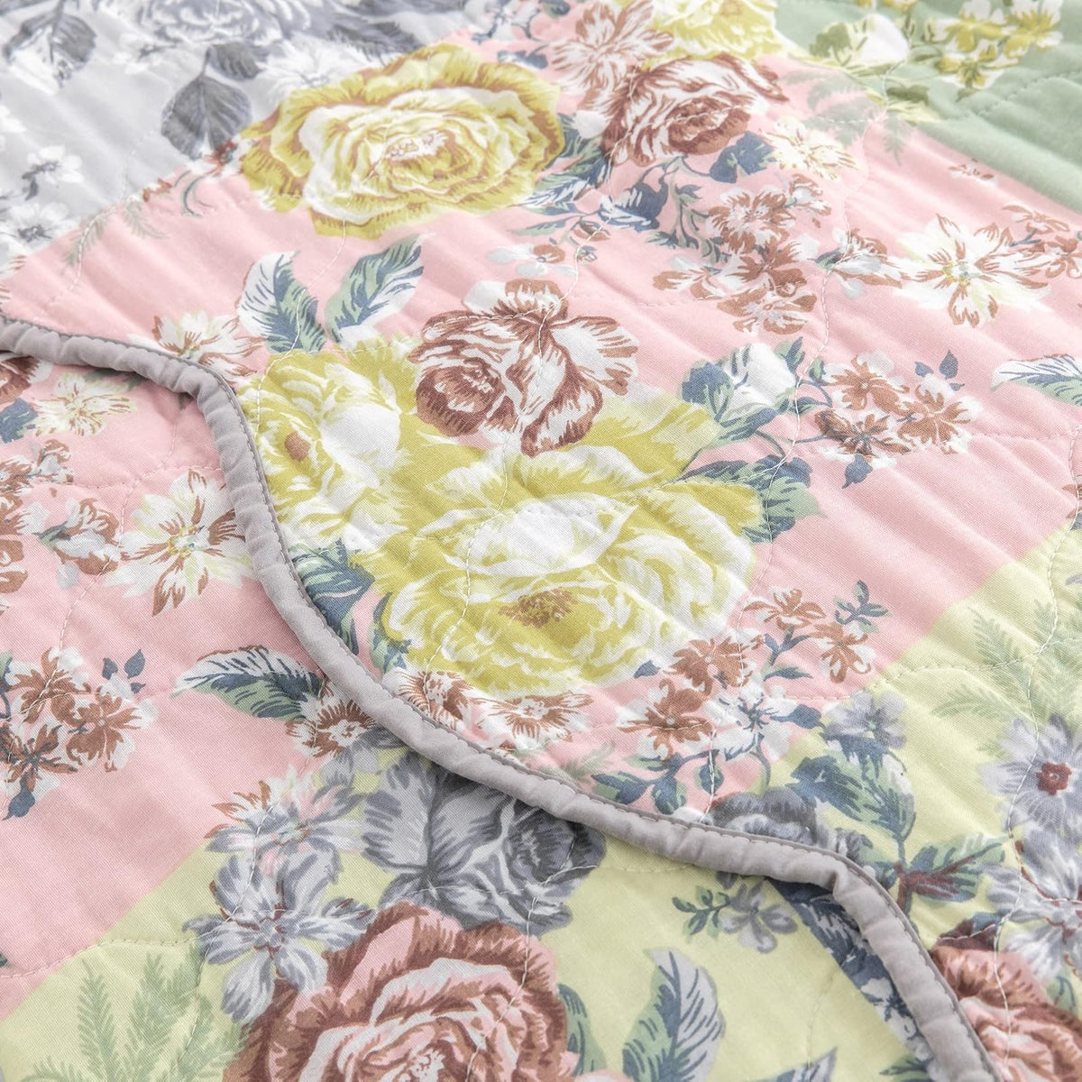 Greenland Home Emma Floral clásico Juego de edredón Reversible, Tamaño 3 Piezas King, Gris