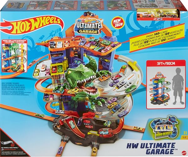 Hot Wheels City Pista de Juguete Ultimate Garage Robo T-Rex 5+ Años | Mide 1 metro; estaciona más de 100 autos, ascensor y modo multijugador