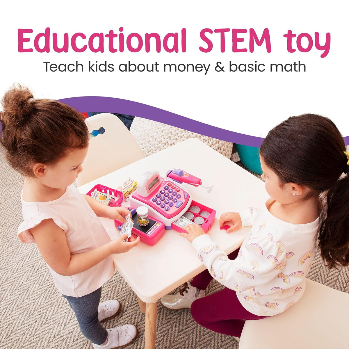 Prextex - Juguete Electrónico Pretend Play, Caja Registradora, Juguete Con Micrófono, Altavoz Y Dinero Ficticio Incluidos Para Niños